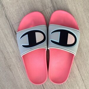 Champion Pink and Light Gray Logo Slide Sandals